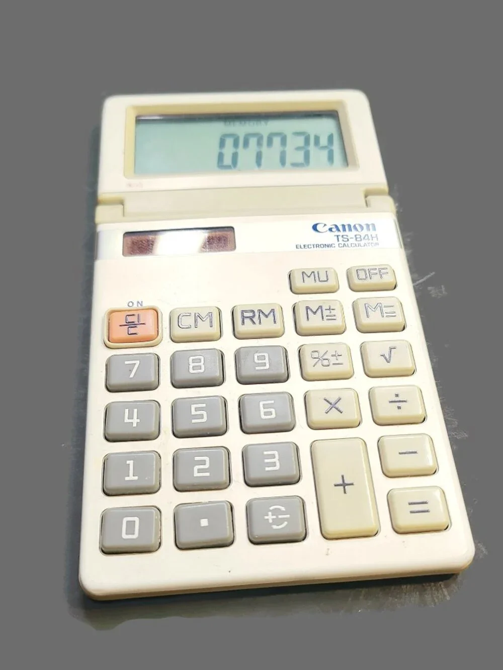 Vintage Canon TS-84H Calculator Tilt Display Solar Powered Beige Tan Gray WORKS